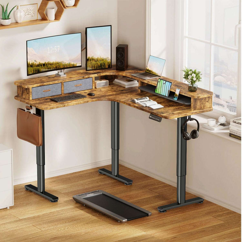 Electric L Shaped Sit-Stand Home Office Desk with Two Drawers