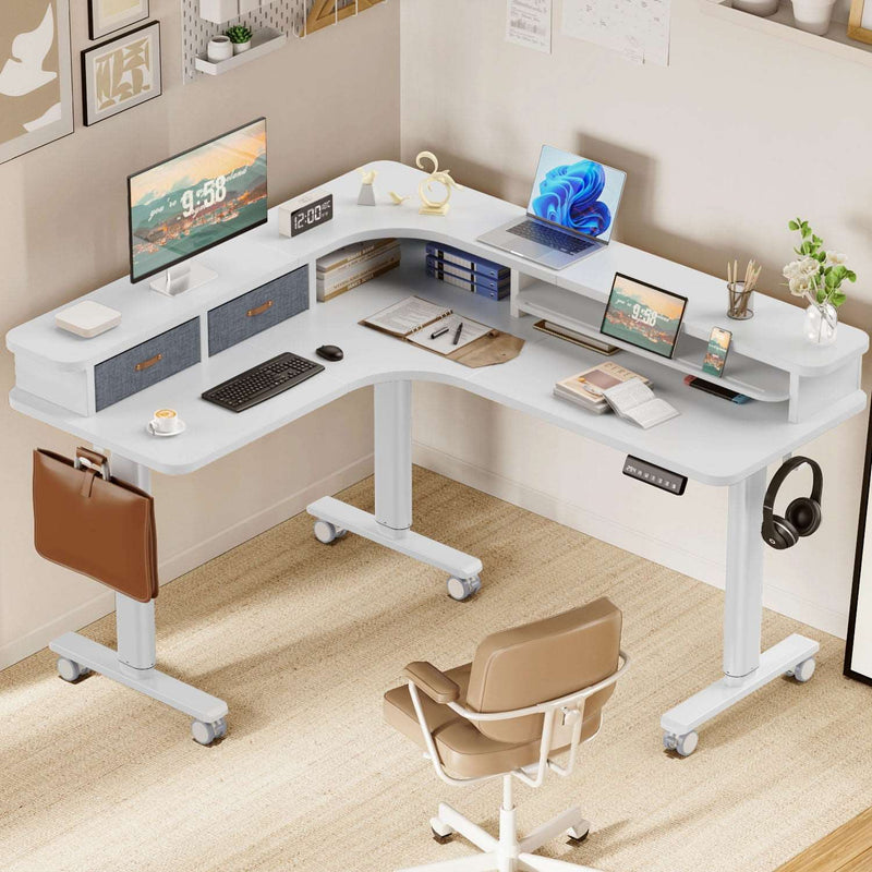 Electric L Shaped Sit-Stand Home Office Desk with Two Drawers