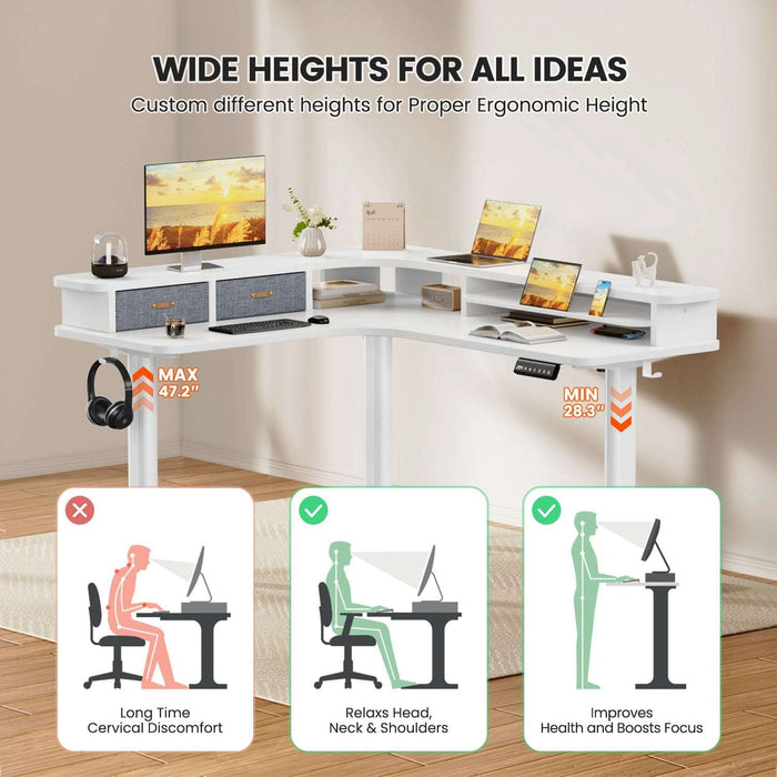 Electric L Shaped Sit-Stand Home Office Desk with Two Drawers