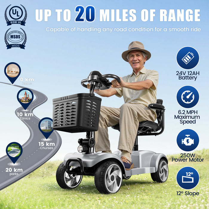 Flycity 24V 4 Wheel Mobility Scooter For Seniors, Foldable 20 Miles Long Range Electric Scooter With LED Lights And Basket, 12Ah Electric Powered Wheelchair Device For Adults