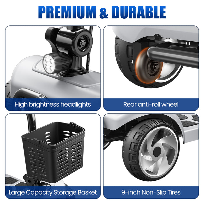 Flycity 24V 4 Wheel Mobility Scooter For Seniors, Foldable 20 Miles Long Range Electric Scooter With LED Lights And Basket, 12Ah Electric Powered Wheelchair Device For Adults