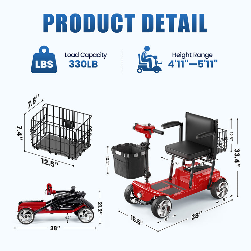 4 Wheel Electric Mobility Scooter With 20 Miles Range & 330lb Capacity