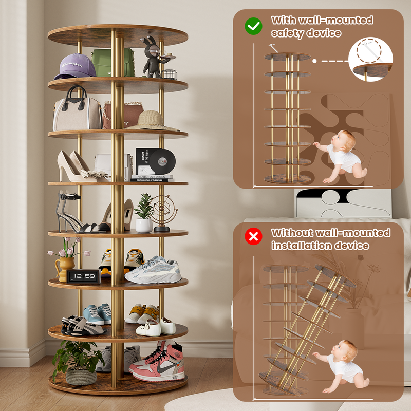 Rustic rotating shoe rack tower