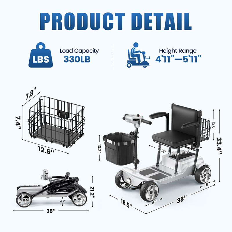 4 Wheel Electric Mobility Scooter With 20 Miles Range & 330lb Capacity