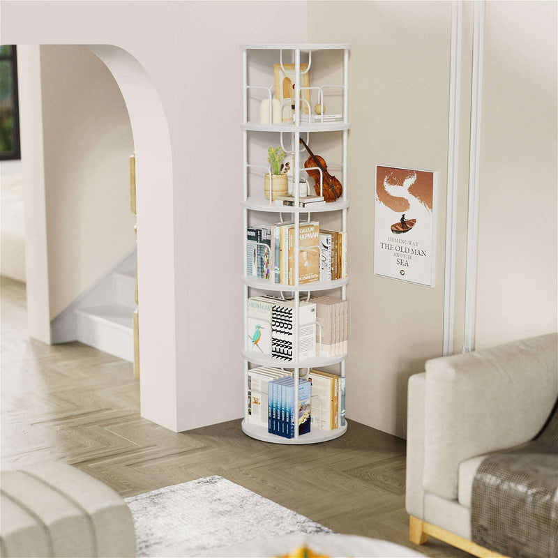 5-Tier White Rotating Bookshelf With 360 ° Spinning Display 