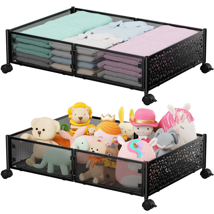 Flycity 2 Pack Foldable Under Bed Storage, Under The Bed Storage Containers With Wheels, Storage Organizer Bins For Bedroom Clothes Shoes Blankets