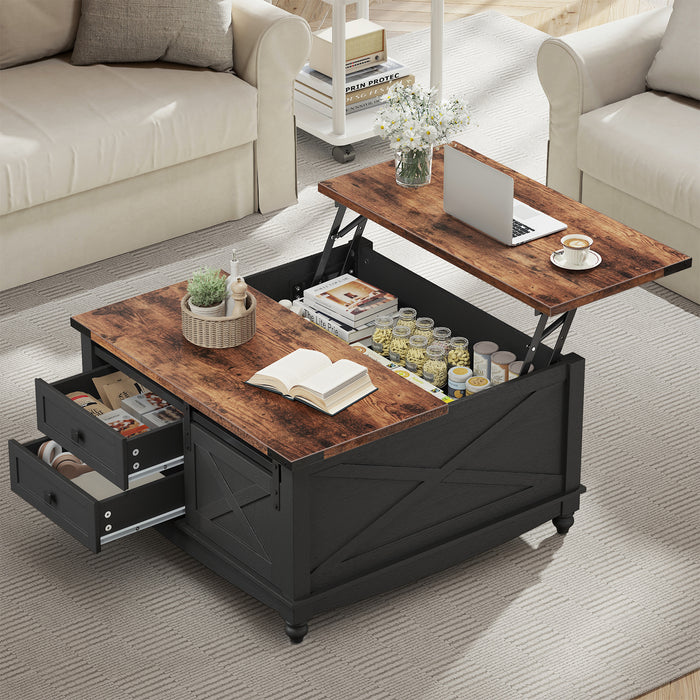 Flycity Square Lift Top Coffee Table With 2 Drawers, 31.5" Farmhouse Lift Up Coffee Table With Hidden Storage Compartment, Wood Center Table For Living Room