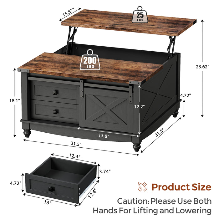 Flycity Square Lift Top Coffee Table With 2 Drawers, 31.5" Farmhouse Lift Up Coffee Table With Hidden Storage Compartment, Wood Center Table For Living Room