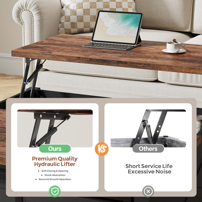 Flycity Square Lift Top Coffee Table With 2 Drawers, 31.5" Farmhouse Lift Up Coffee Table With Hidden Storage Compartment, Wood Center Table For Living Room