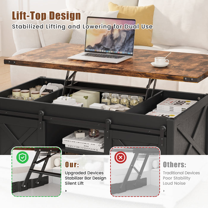 Flycity 48" Farmhouse Lift Top Coffee Table With Storage Sliding Barn Door, Lifting Tabletop Rustic Center Table With Large Hidden Compartment For Living Room