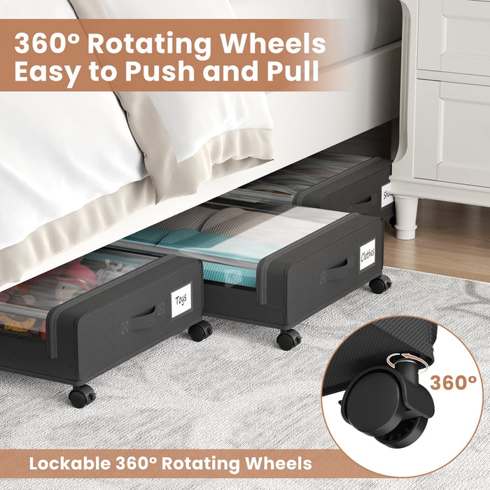 Flycity Under Bed Storage With Wheels, 2 Pack Underbed Storage Containers With Lids Rolling Drawers Bins For Bedroom Clothes Shoes Blankets