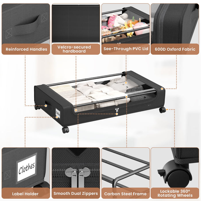 Flycity Under Bed Storage With Wheels, 2 Pack Underbed Storage Containers With Lids Rolling Drawers Bins For Bedroom Clothes Shoes Blankets