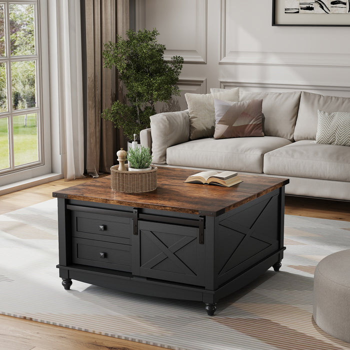 Flycity Square Lift Top Coffee Table With 2 Drawers, 31.5" Farmhouse Lift Up Coffee Table With Hidden Storage Compartment, Wood Center Table For Living Room