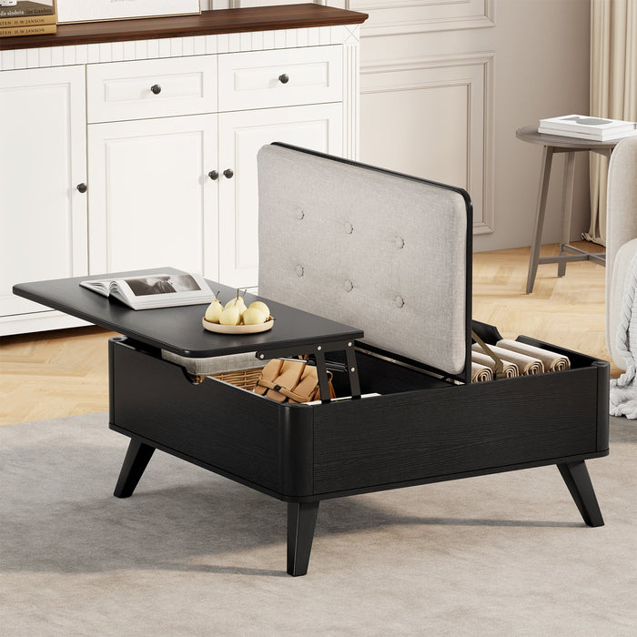 Flycity Large Square Lift-Top Coffee Table With Storage, 3 In 1 Multi-Function Convertible Ottoman Bench, Farmhouse Upholstered Coffee Table With Wooden Legs For Living Room & Bedroom