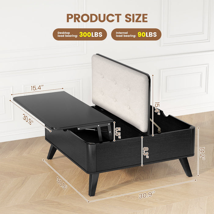 Flycity Large Square Lift-Top Coffee Table With Storage, 3 In 1 Multi-Function Convertible Ottoman Bench, Farmhouse Upholstered Coffee Table With Wooden Legs For Living Room & Bedroom