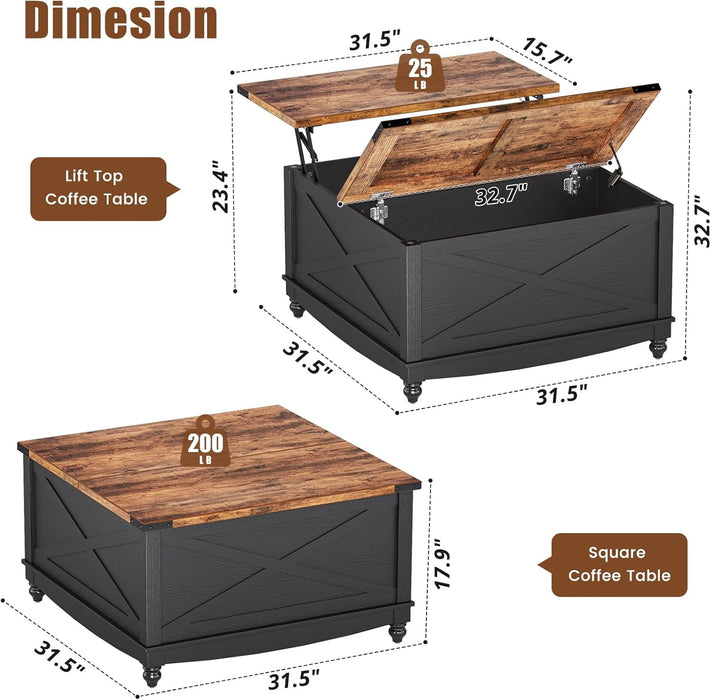Flycity Square Lift Top Coffee Table, 31.5" Farmhouse Lift Up Coffee Table With Hidden Storage Compartment, Wood Center Table For Living Room