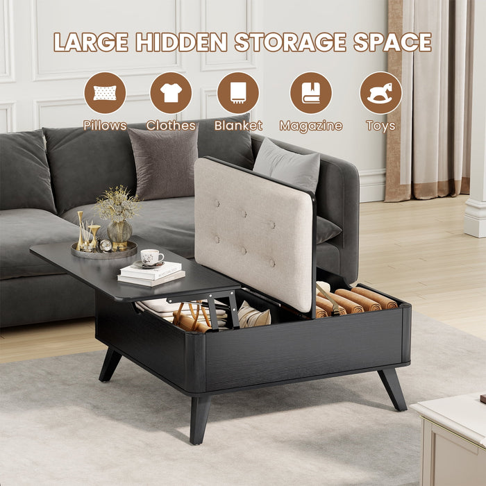 Flycity Large Square Lift-Top Coffee Table With Storage, 3 In 1 Multi-Function Convertible Ottoman Bench, Farmhouse Upholstered Coffee Table With Wooden Legs For Living Room & Bedroom