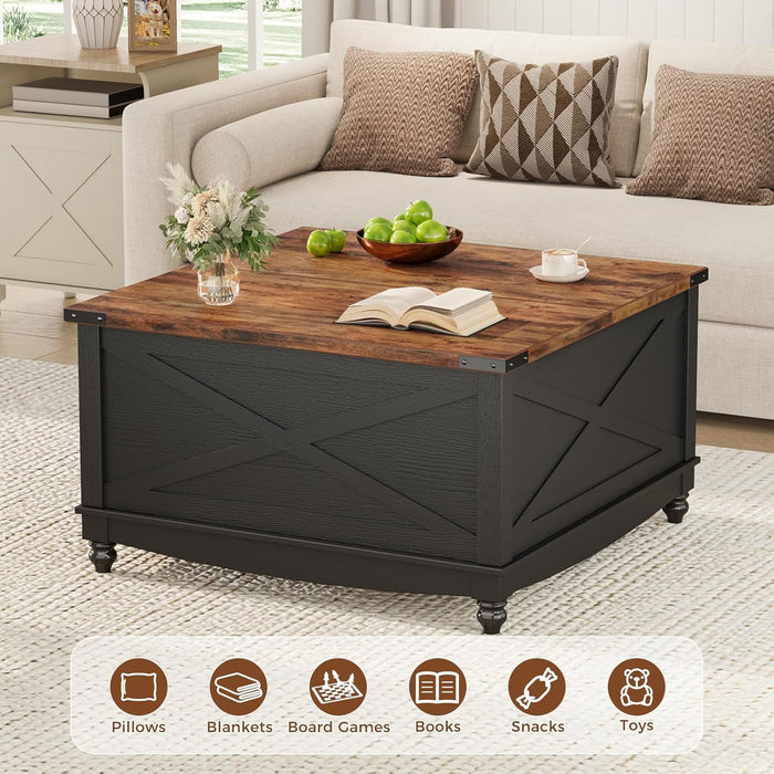 Flycity Square Lift Top Coffee Table, 31.5" Farmhouse Lift Up Coffee Table With Hidden Storage Compartment, Wood Center Table For Living Room