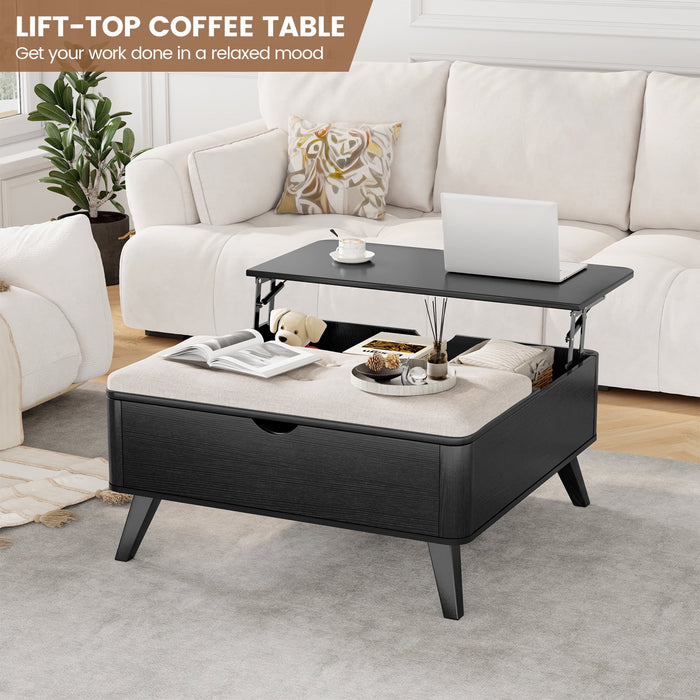 Flycity Large Square Lift-Top Coffee Table With Storage, 3 In 1 Multi-Function Convertible Ottoman Bench, Farmhouse Upholstered Coffee Table With Wooden Legs For Living Room & Bedroom