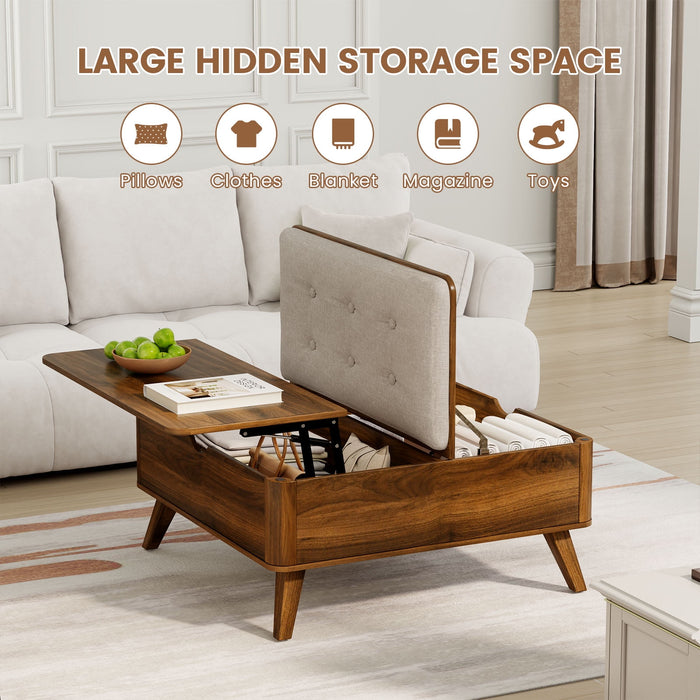 Flycity Large Square Lift-Top Coffee Table With Storage, 3 In 1 Multi-Function Convertible Ottoman Bench, Farmhouse Upholstered Coffee Table With Wooden Legs For Living Room & Bedroom