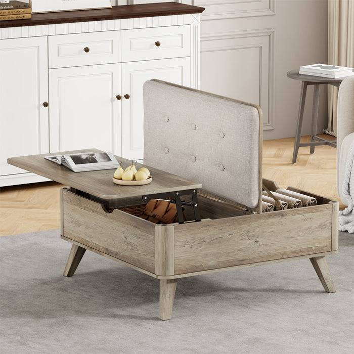 Flycity Large Square Lift-Top Coffee Table With Storage, 3 In 1 Multi-Function Convertible Ottoman Bench, Farmhouse Upholstered Coffee Table With Wooden Legs For Living Room & Bedroom
