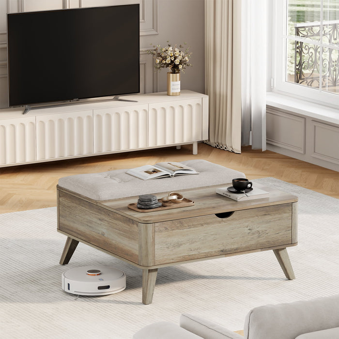 Flycity Large Square Lift-Top Coffee Table With Storage, 3 In 1 Multi-Function Convertible Ottoman Bench, Farmhouse Upholstered Coffee Table With Wooden Legs For Living Room & Bedroom