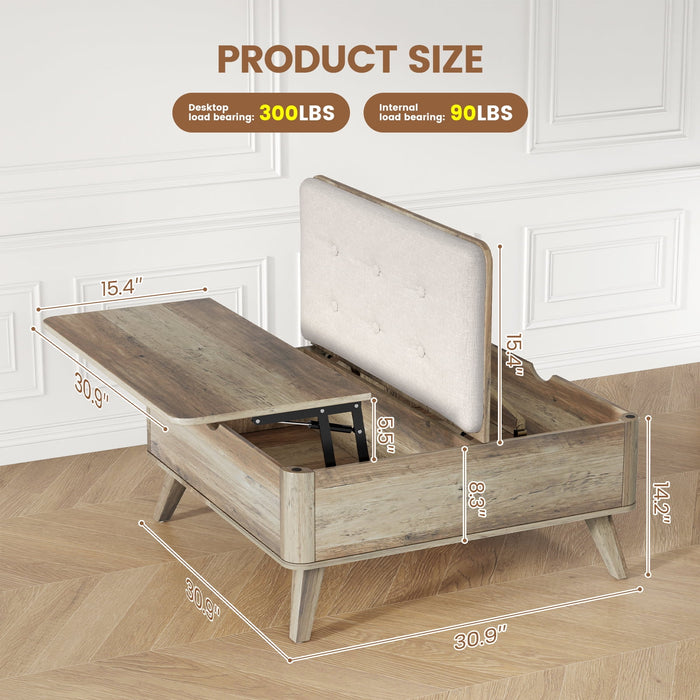 Flycity Large Square Lift-Top Coffee Table With Storage, 3 In 1 Multi-Function Convertible Ottoman Bench, Farmhouse Upholstered Coffee Table With Wooden Legs For Living Room & Bedroom