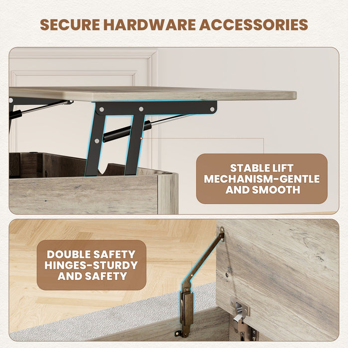 Flycity Large Square Lift-Top Coffee Table With Storage, 3 In 1 Multi-Function Convertible Ottoman Bench, Farmhouse Upholstered Coffee Table With Wooden Legs For Living Room & Bedroom