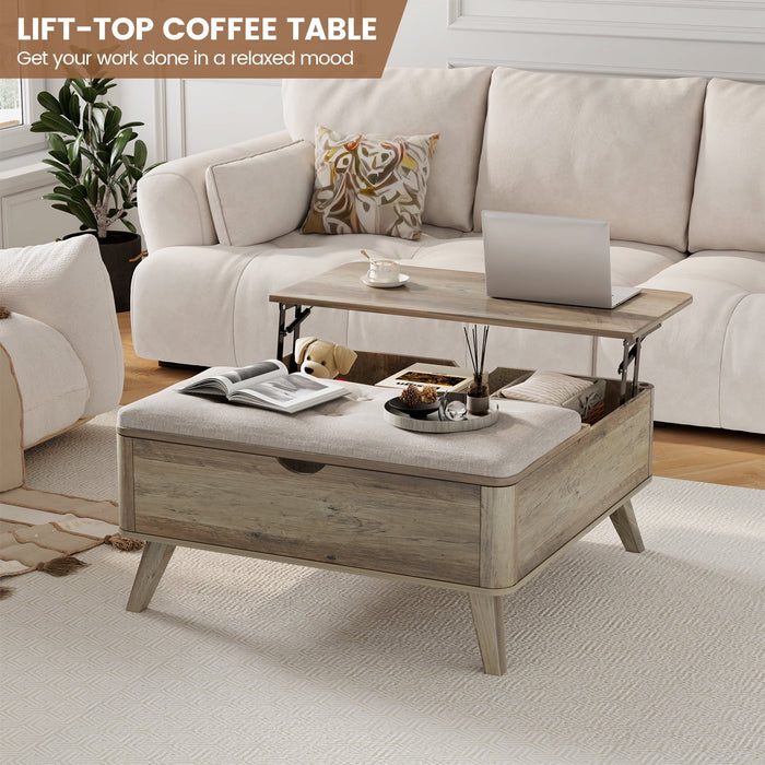 Flycity Large Square Lift-Top Coffee Table With Storage, 3 In 1 Multi-Function Convertible Ottoman Bench, Farmhouse Upholstered Coffee Table With Wooden Legs For Living Room & Bedroom
