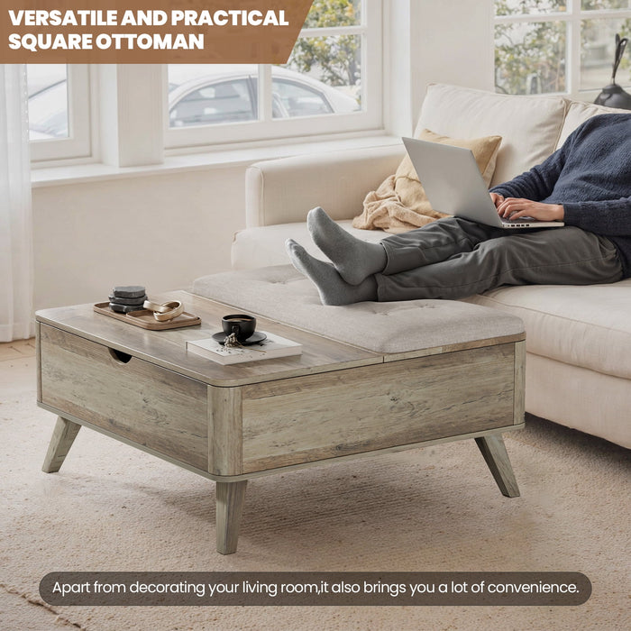 Flycity Large Square Lift-Top Coffee Table With Storage, 3 In 1 Multi-Function Convertible Ottoman Bench, Farmhouse Upholstered Coffee Table With Wooden Legs For Living Room & Bedroom