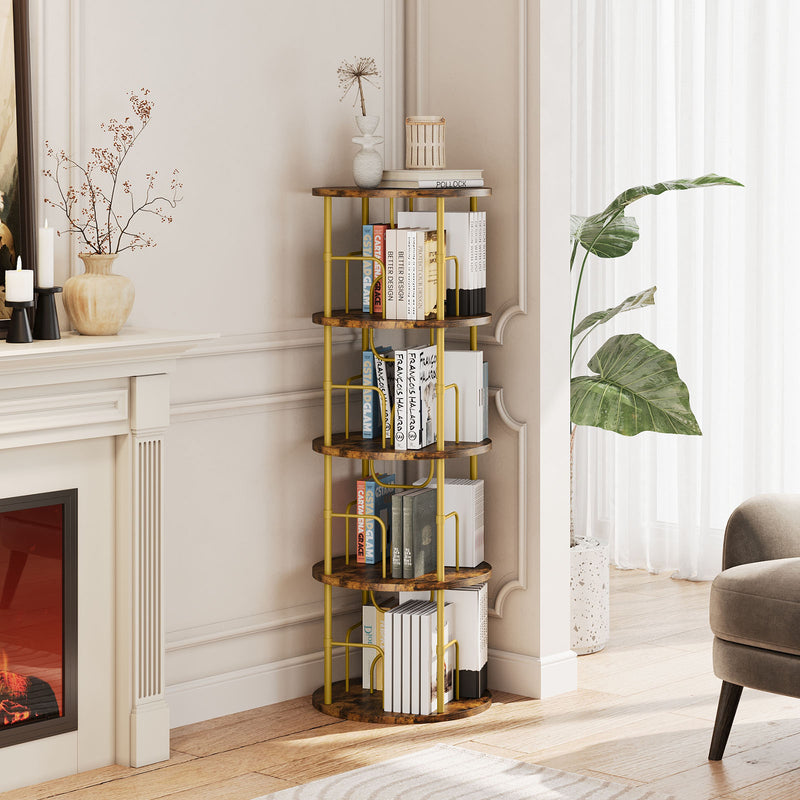 Flycity Gold & Wooden 4 Tier Rotating Bookshelf With 360° Spinning Display