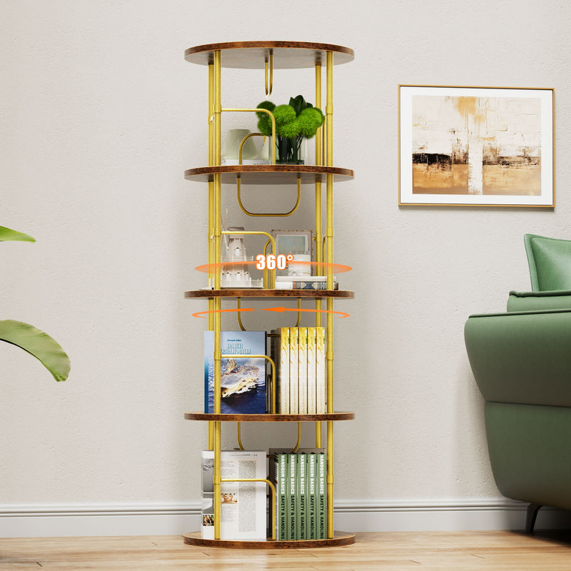 Flycity Gold & Wooden 4 Tier Rotating Bookshelf With 360° Spinning Display
