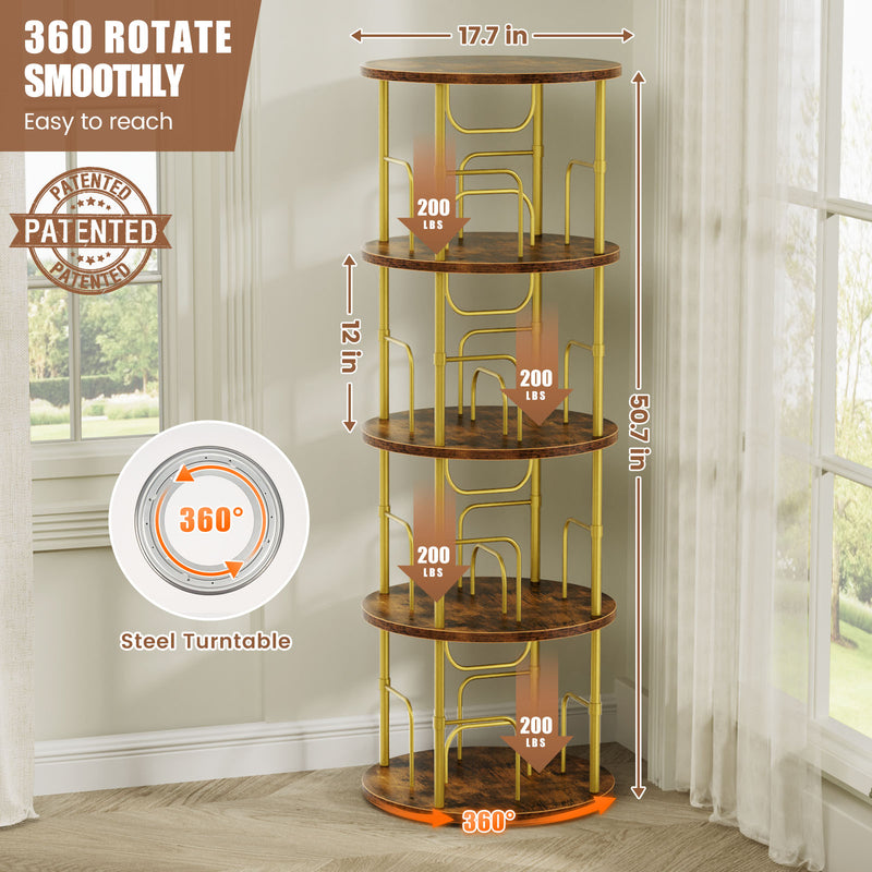 Flycity Gold & Wooden 4 Tier Rotating Bookshelf With 360° Spinning Display