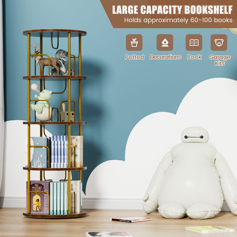 Flycity Gold & Wooden 4 Tier Rotating Bookshelf With 360° Spinning Display