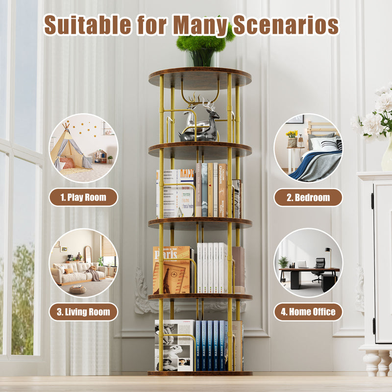 Flycity Gold & Wooden 4 Tier Rotating Bookshelf With 360° Spinning Display