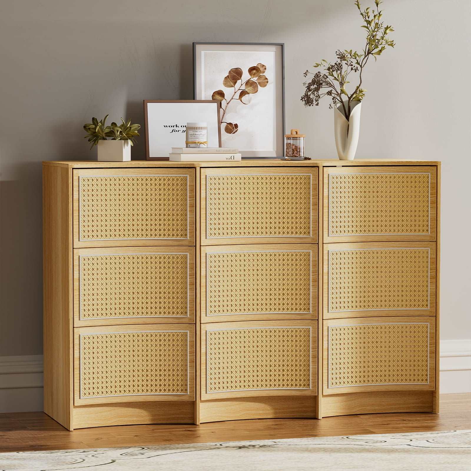 Flycity Rattan 9 Drawer Dresser with Handle Free Design