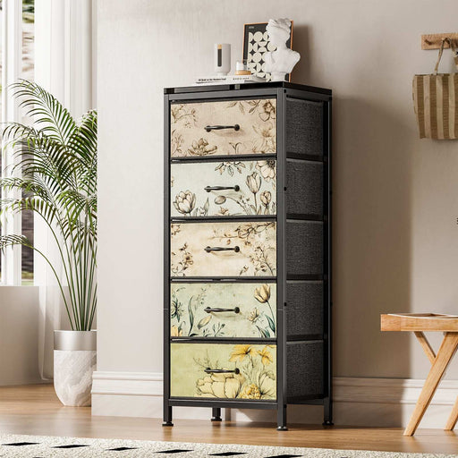 Flycity Vintage Storage Organizer Dresser with 5 Fabric Bins