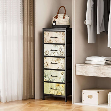 Flycity Vintage Storage Organizer Dresser with 5 Fabric Bins