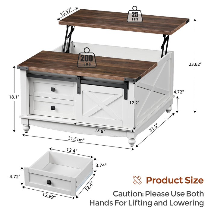 Flycity Square Lift Top Coffee Table With 2 Drawers, 31.5" Farmhouse Lift Up Coffee Table With Hidden Storage Compartment, Wood Center Table For Living Room
