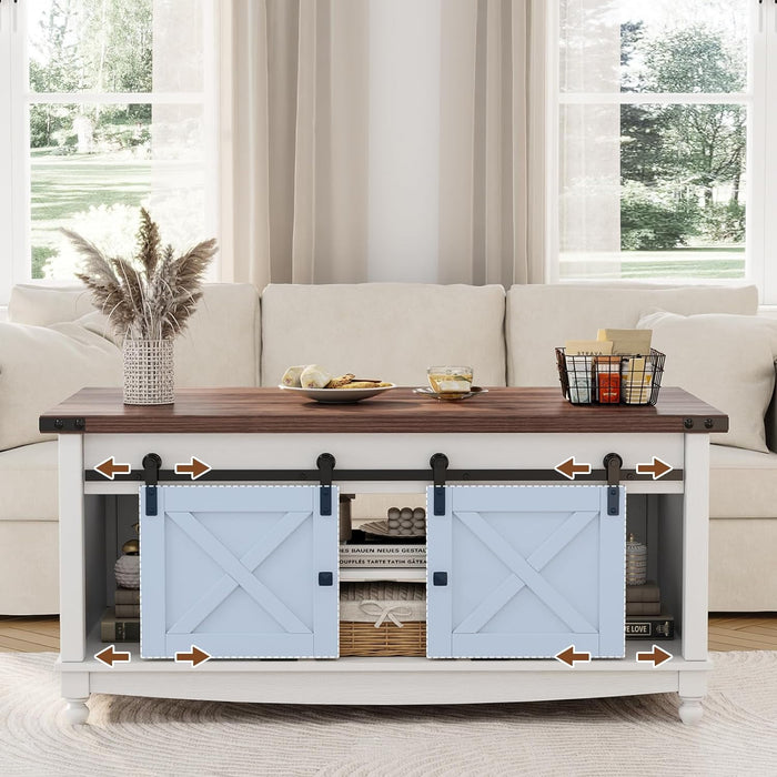 Flycity 48" Farmhouse Lift Top Coffee Table With Storage Sliding Barn Door, Lifting Tabletop Rustic Center Table With Large Hidden Compartment For Living Room