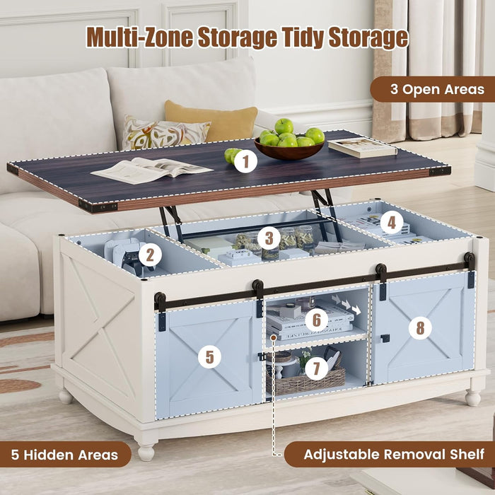 Flycity 48" Farmhouse Lift Top Coffee Table With Storage Sliding Barn Door, Lifting Tabletop Rustic Center Table With Large Hidden Compartment For Living Room