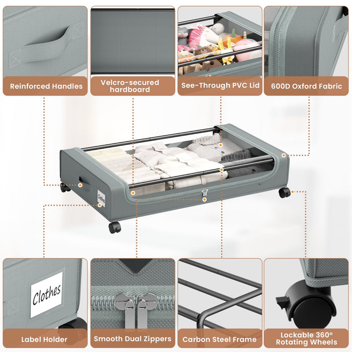 Flycity Under Bed Storage With Wheels, 2 Pack Underbed Storage Containers With Lids Rolling Drawers Bins For Bedroom Clothes Shoes Blankets