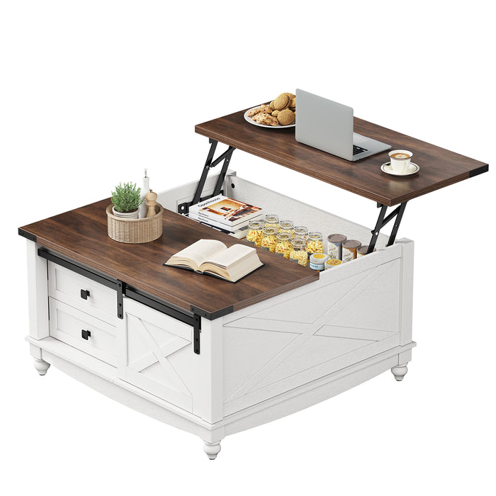 Flycity Square Lift Top Coffee Table With 2 Drawers, 31.5" Farmhouse Lift Up Coffee Table With Hidden Storage Compartment, Wood Center Table For Living Room