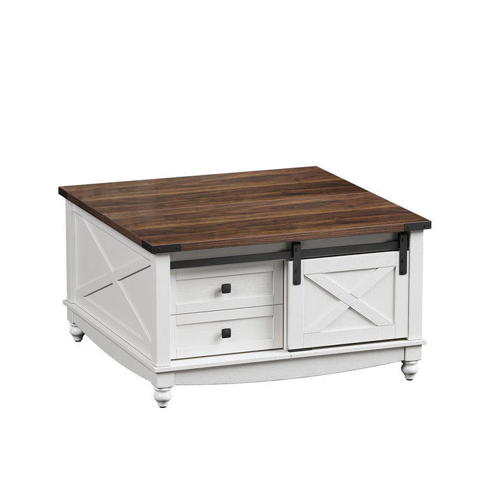 Flycity Square Lift Top Coffee Table With 2 Drawers, 31.5" Farmhouse Lift Up Coffee Table With Hidden Storage Compartment, Wood Center Table For Living Room