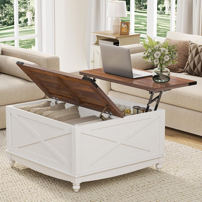Flycity Square Lift Top Coffee Table, 31.5" Farmhouse Lift Up Coffee Table With Hidden Storage Compartment, Wood Center Table For Living Room