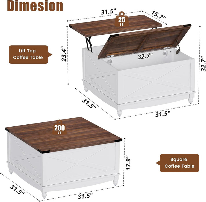 Flycity Square Lift Top Coffee Table, 31.5" Farmhouse Lift Up Coffee Table With Hidden Storage Compartment, Wood Center Table For Living Room