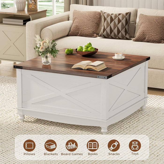 Flycity Square Lift Top Coffee Table, 31.5" Farmhouse Lift Up Coffee Table With Hidden Storage Compartment, Wood Center Table For Living Room