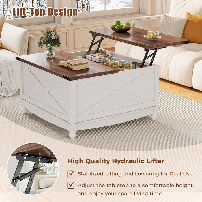 Flycity Square Lift Top Coffee Table, 31.5" Farmhouse Lift Up Coffee Table With Hidden Storage Compartment, Wood Center Table For Living Room