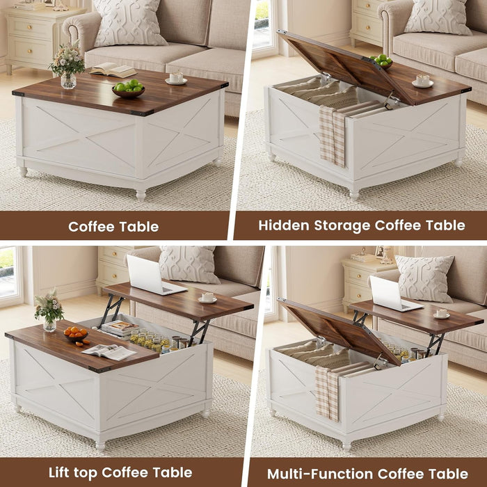 Flycity Square Lift Top Coffee Table, 31.5" Farmhouse Lift Up Coffee Table With Hidden Storage Compartment, Wood Center Table For Living Room