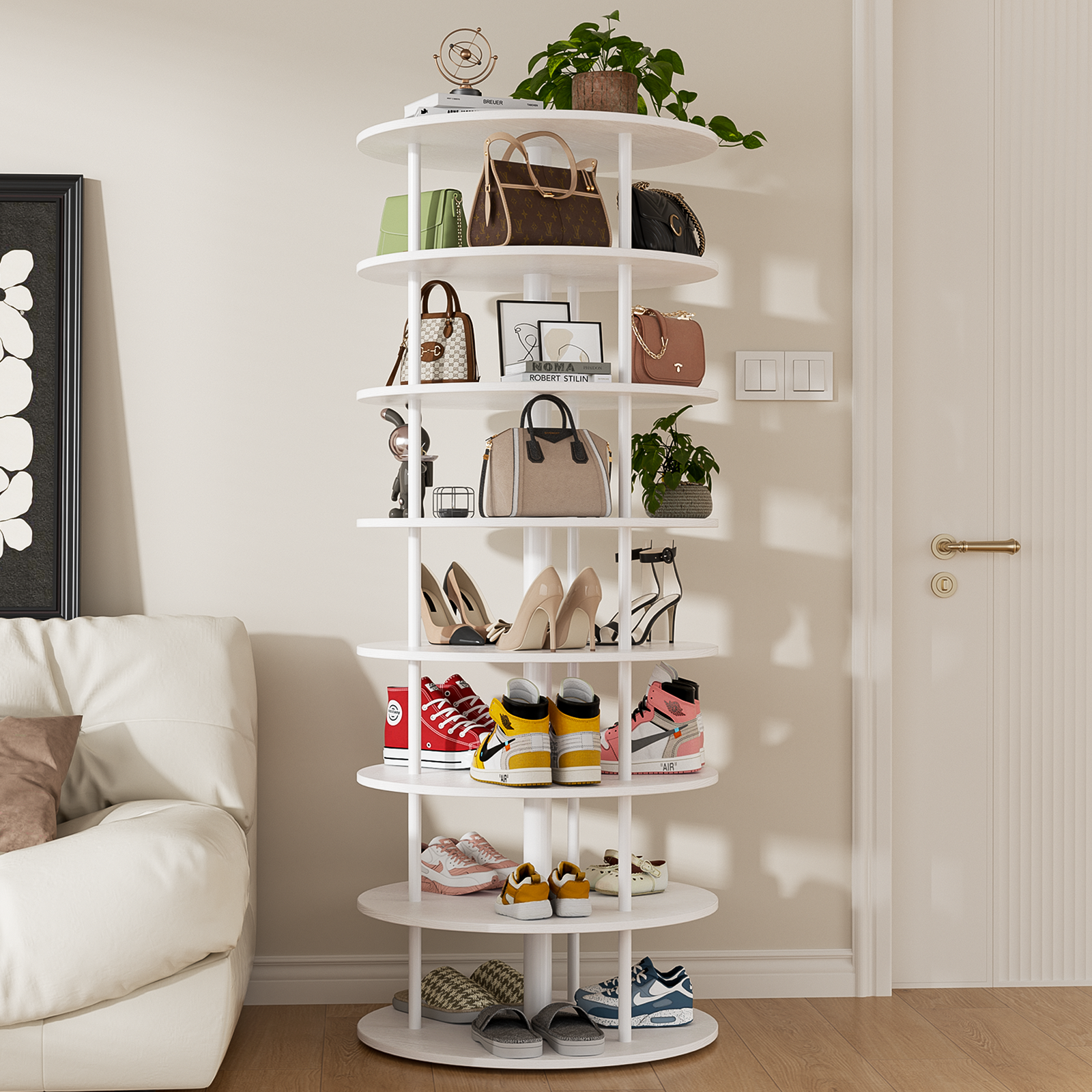 Flycity Rotating Shoe Rack Tower - 7 Tier White Shoe Rack